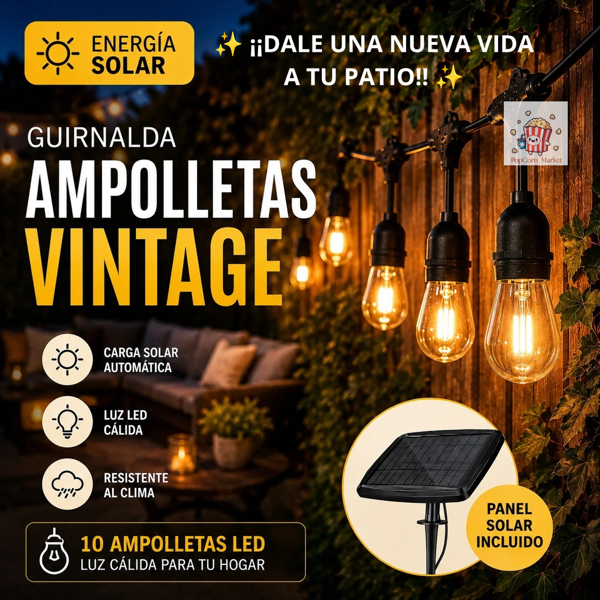 Guirnalda Solar de 10 Metros y 10 Ampolletas LED