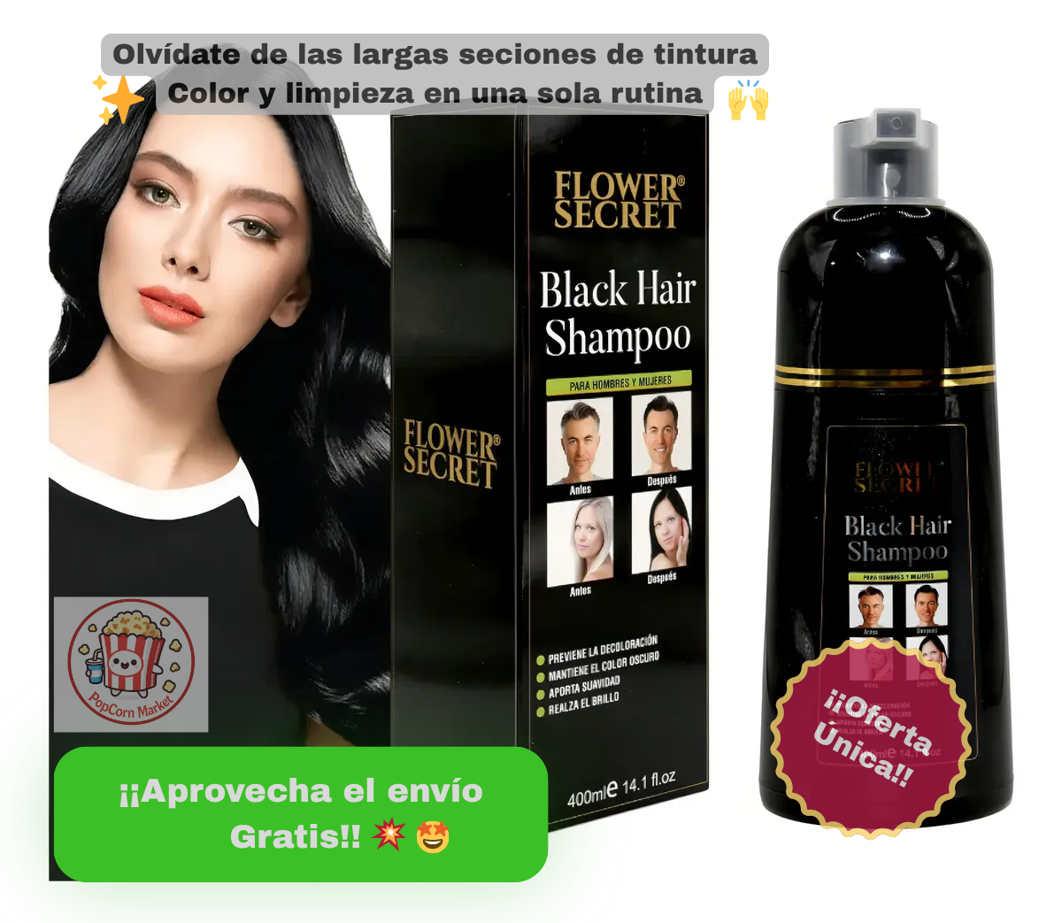 SHAMPOO FLOWER SECRET CUBRE CANAS TONO NEGRO 400 ML