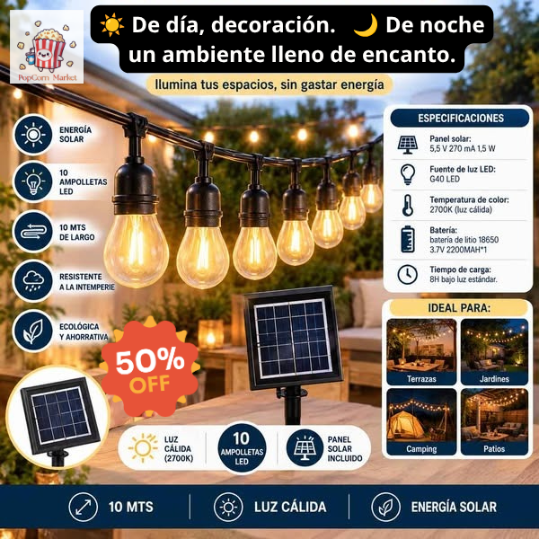 Guirnalda Solar de 10 Metros y 10 Ampolletas LED